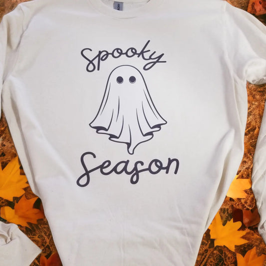 Fall white med weight long sleeve shirt with spooky season graphic